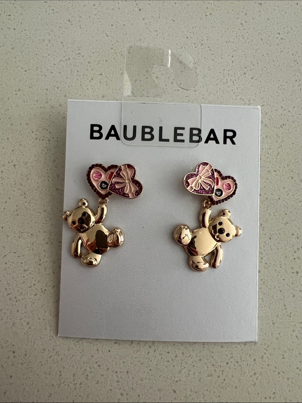 BaubleBar Gold Teddy Earrings with Pink Heart Tops